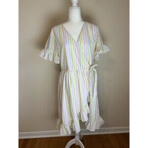 Boutique XL Stripe Wrap Dress Preppy Coastal Ruffle Pastel Tie Peasant Boho